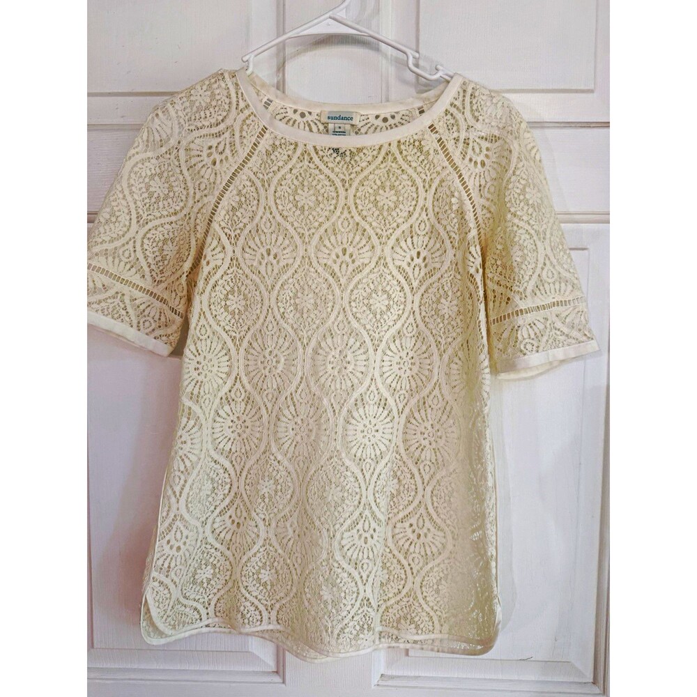 Sundance Ivory Floral Lace Sheer Round Neck Short Sleeve Top Size S RH105205